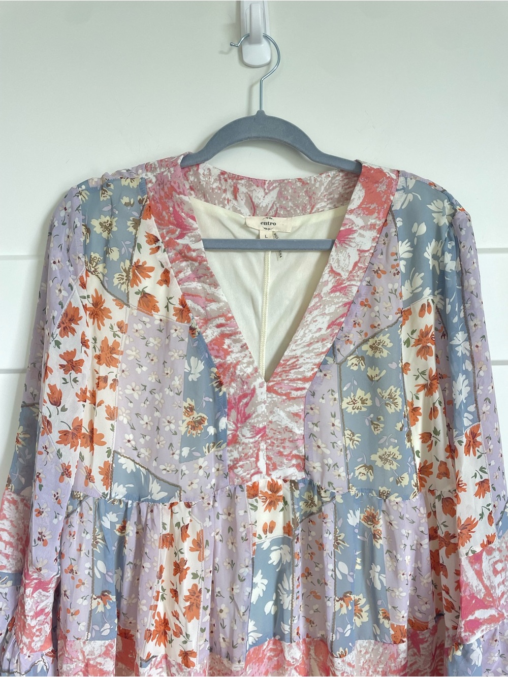 Floral Patchwork Tiered V-Neck Tunic Dress Sz L - Picture 4 of 9